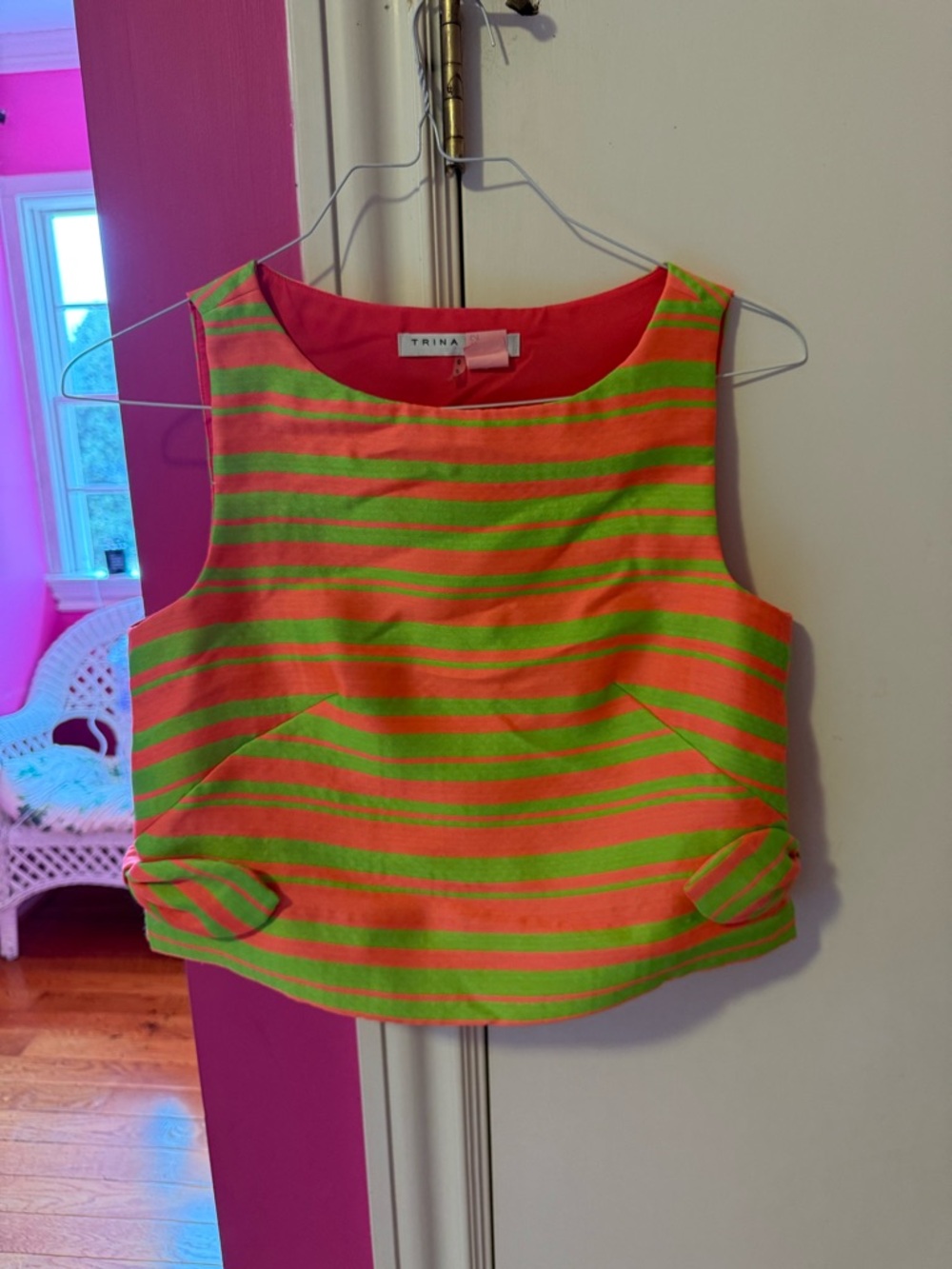 Trina Turk Neon Pink and Lime Green Striped Mini Skirt Set